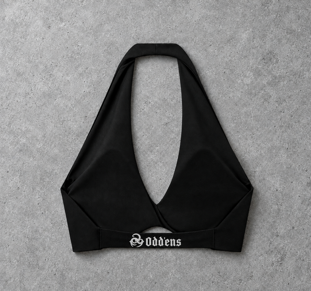 Oddens Core twist halter sports bra – back of the halter sports bra, flat lay, AI-generated mockup