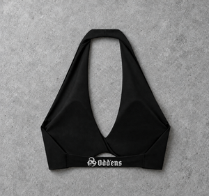 Oddens Core twist halter sports bra – back of the halter sports bra, flat lay, AI-generated mockup