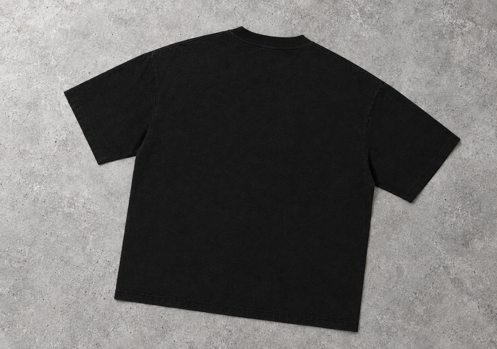 Masking Queen oversized tee – plain back of the black tee, AI-generated mockup