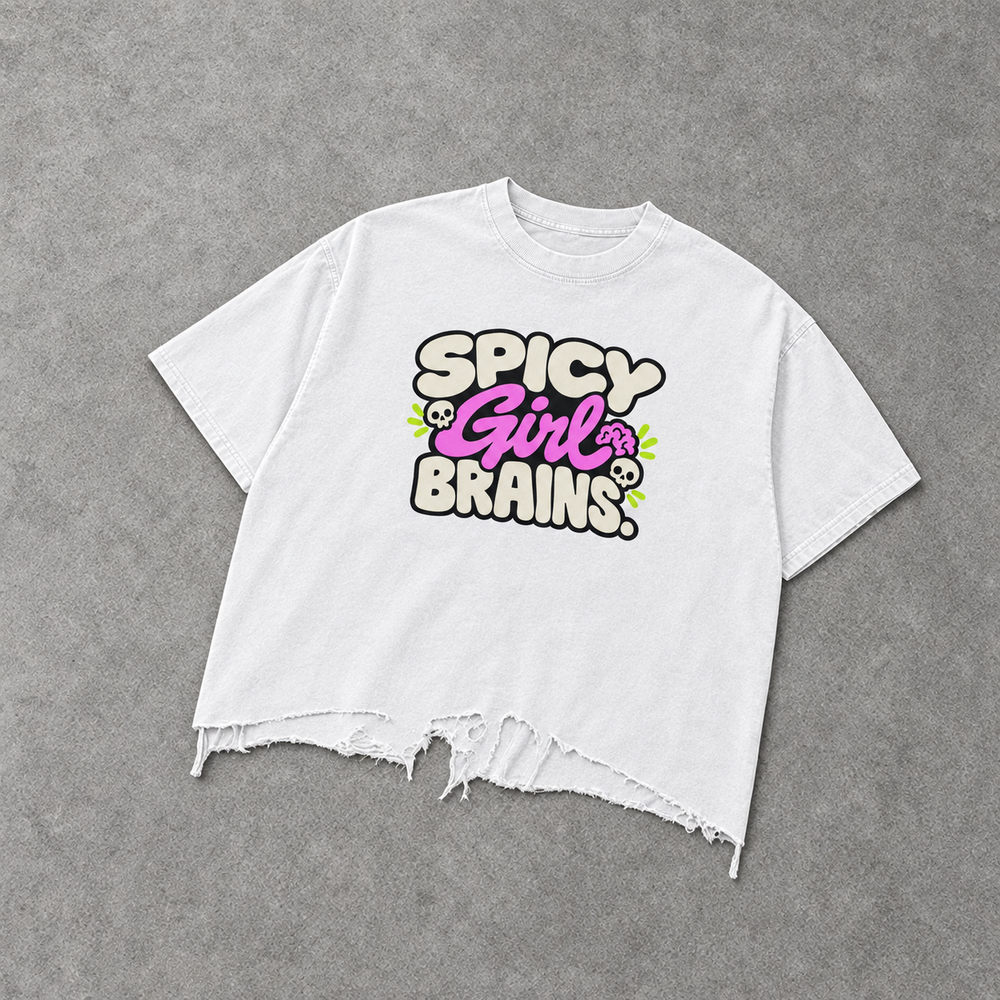 Spicy Girl Brains distressed tee – white boxy tee with raw hem and Spicy Girl Brains print, flat lay, AI-generated mockup