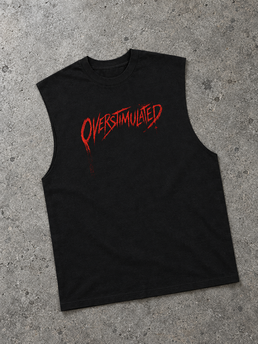 Overstimulated horror tank – black sleeveless tank, front, flat lay, AI-generated mockup