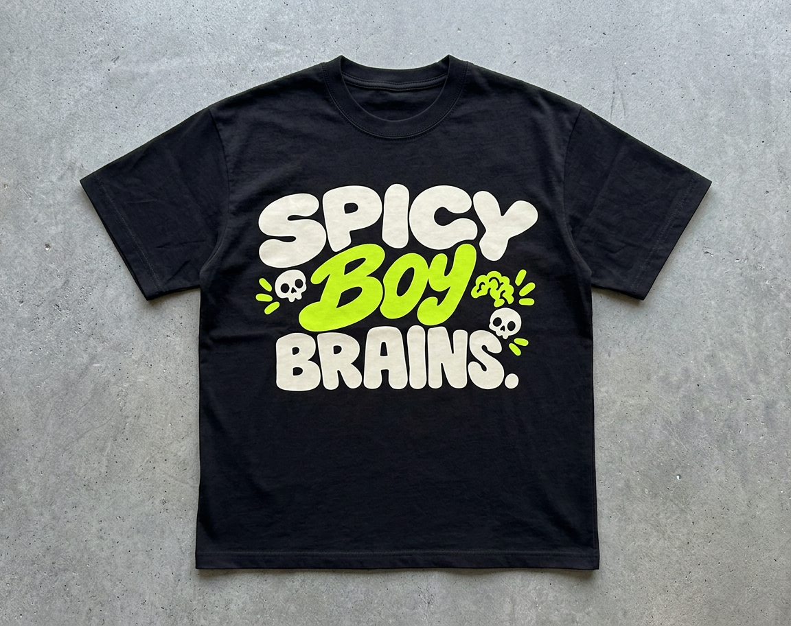 Spicy Boy Brains tee – black tee with cream and lime Spicy Boy Brains print, flat lay, AI-generated mockup