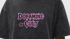 Dopamine Cult snow-washed oversized tee – close-up of the pink gothic Dopamine Cult print, AI-generated mockup