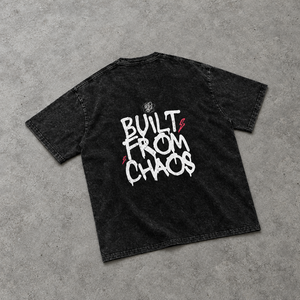 Built From Chaos oversized tee – back of the tee with Built From Chaos graffiti and red lightning, flat lay, AI-generated mockup