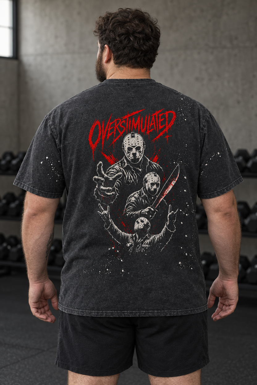 Overstimulated paint splatter tee – man wearing the tee, back view, AI-generated mockup