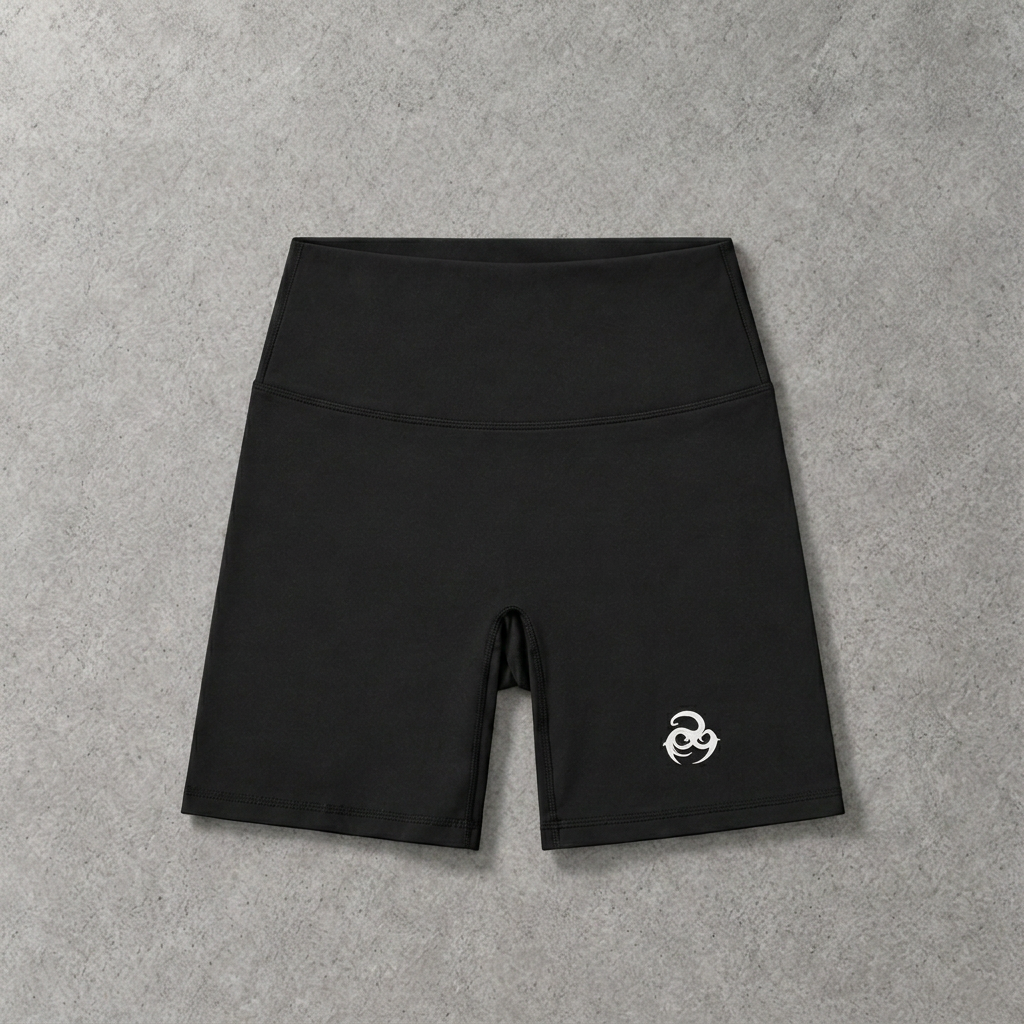 Oddens Core biker shorts – black high-waisted biker shorts with small logo, flat lay, AI-generated mockup