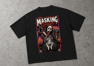 Masking Queen oversized tee – black tee with Masking Queen print, flat lay, AI-generated mockup