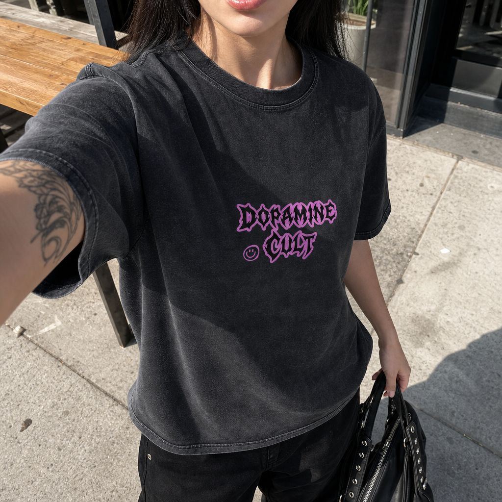 Dopamine Cult snow-washed oversized tee – woman wearing the tee, close-up selfie, AI-generated mockup