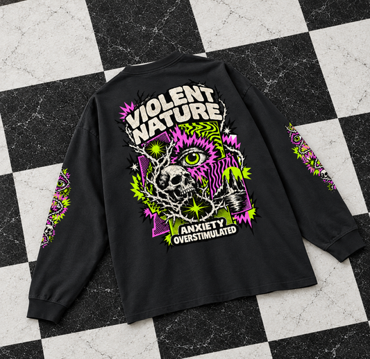 Violent Nature oversized long sleeve tee – black long sleeve with chest badge and sleeve print, flat lay, AI-generated mockup