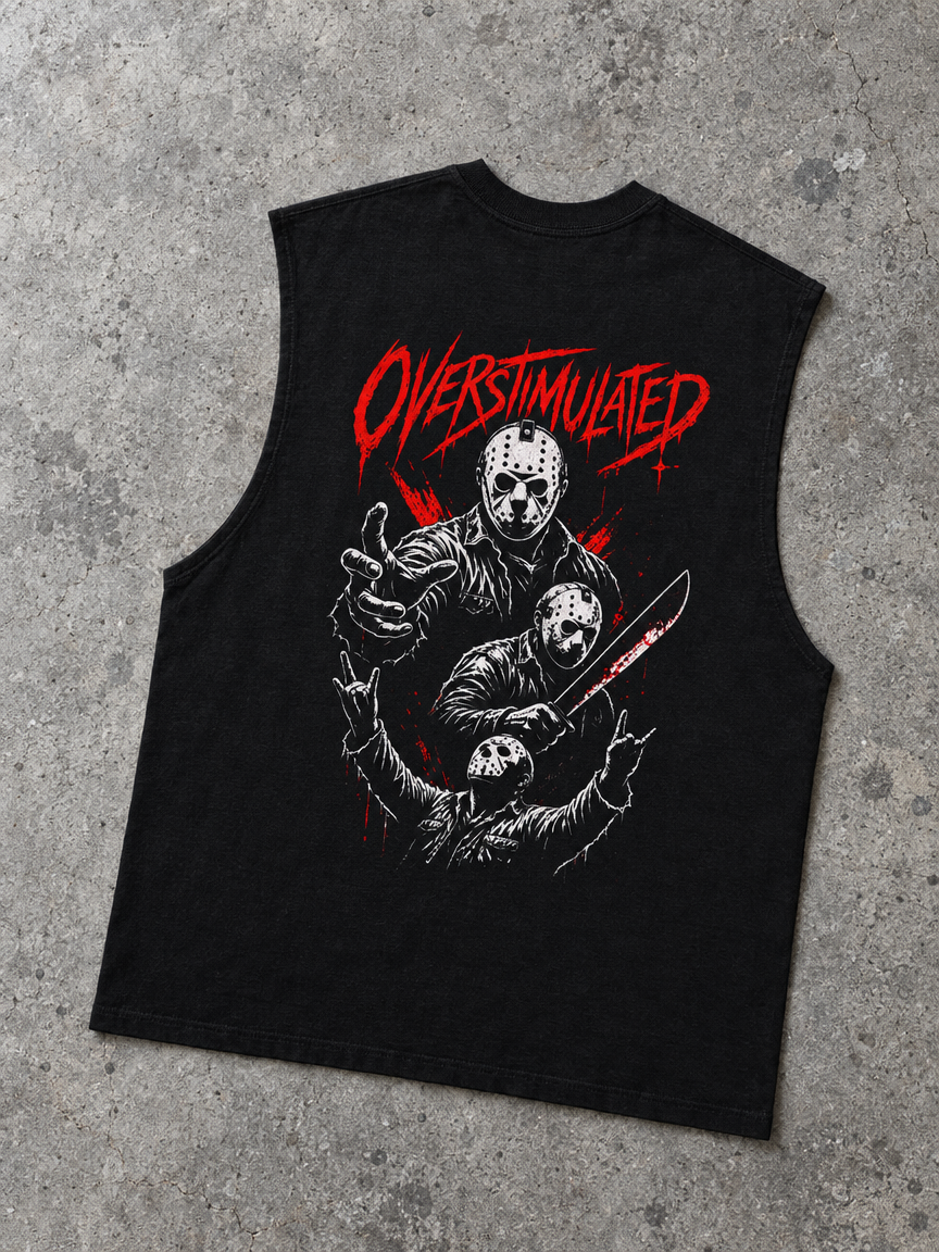 Overstimulated horror tank – black tank with red Overstimulated chest logo, flat lay, AI-generated mockup