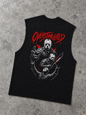 Overstimulated horror tank – black tank with red Overstimulated chest logo, flat lay, AI-generated mockup