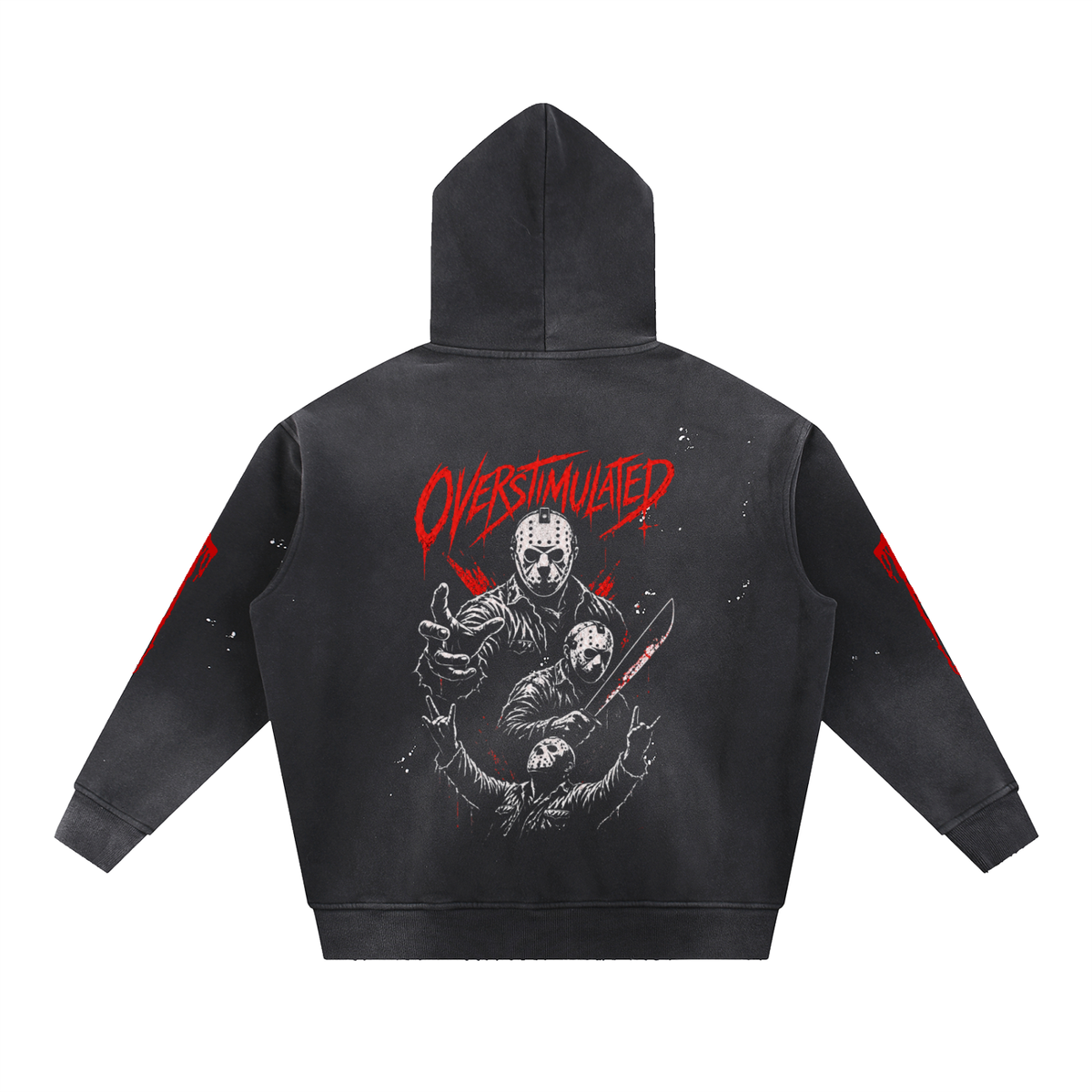 Overstimulated distressed horror hoodie – hoodie back with red Overstimulated logo and killers artwork, flat lay, AI-generated mockup