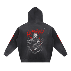 Overstimulated distressed horror hoodie – hoodie back with red Overstimulated logo and killers artwork, flat lay, AI-generated mockup