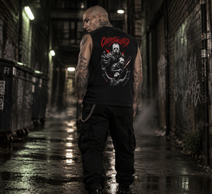 Overstimulated horror tank – man wearing the tank in a dark alley, back view, AI-generated mockup