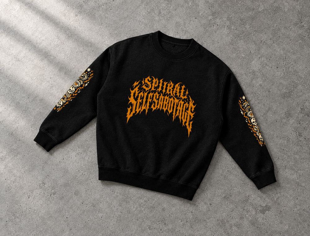 Spiral Self Sabotage long sleeve tee – black long sleeve with burnt-orange lettering, flat lay, AI-generated mockup