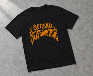 Spiral Self Sabotage oversized tee – black tee with burnt-orange Spiral Self Sabotage lettering, flat lay, AI-generated mockup