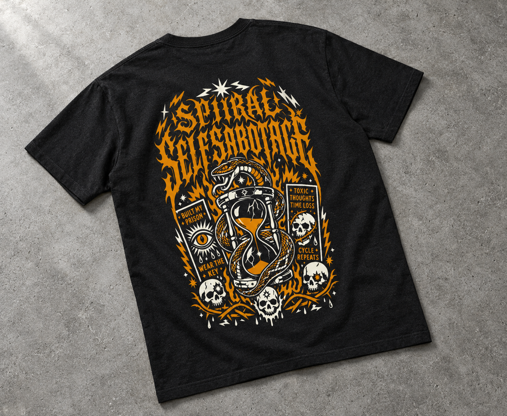 Spiral Self Sabotage oversized tee – back of the black tee with snake, skull and hourglass print, flat lay, AI-generated mockup