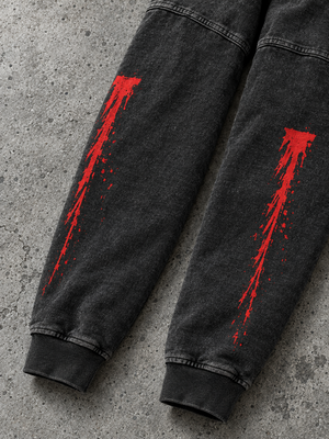 Overstimulated horror hoodie – close-up of the blood-drip sleeve print, AI-generated mockup