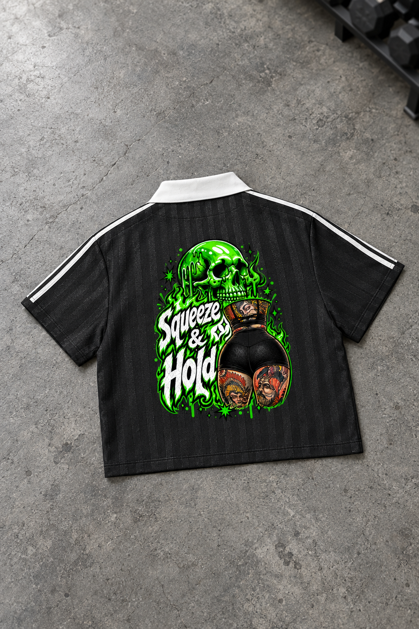 Squeeze & Hold cropped jersey – back of the cropped jersey with neon-green skull print, flat lay, AI-generated mockup