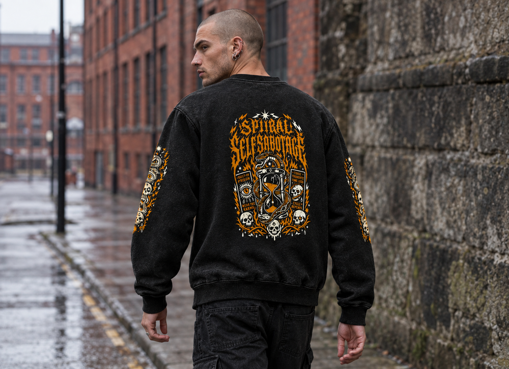 Spiral Self Sabotage long sleeve tee – man showing the back print on a street, AI-generated mockup