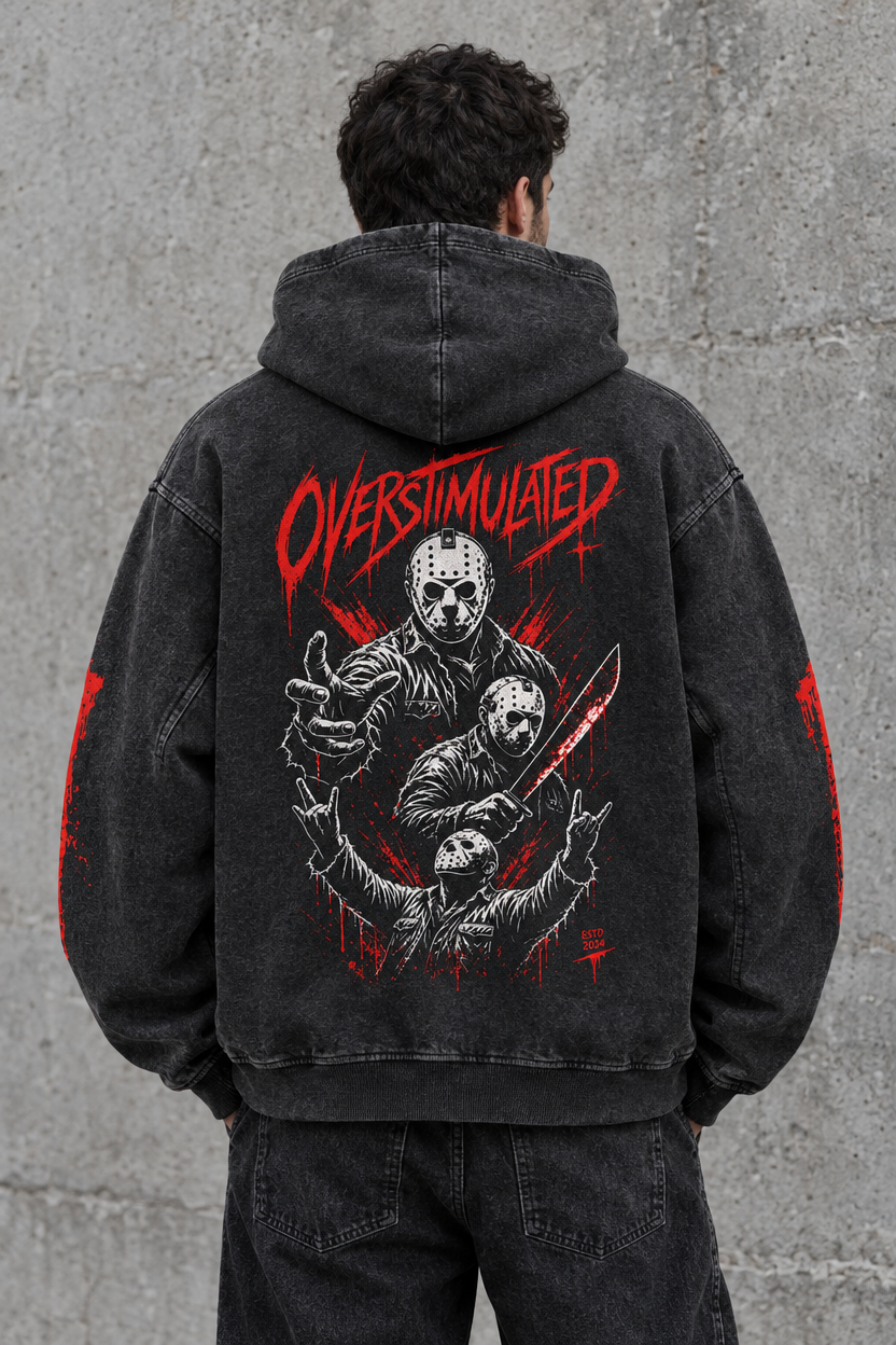 Overstimulated horror hoodie – man showing the hockey-mask back print, AI-generated mockup