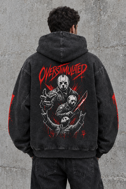 Overstimulated horror hoodie – man showing the hockey-mask back print, AI-generated mockup