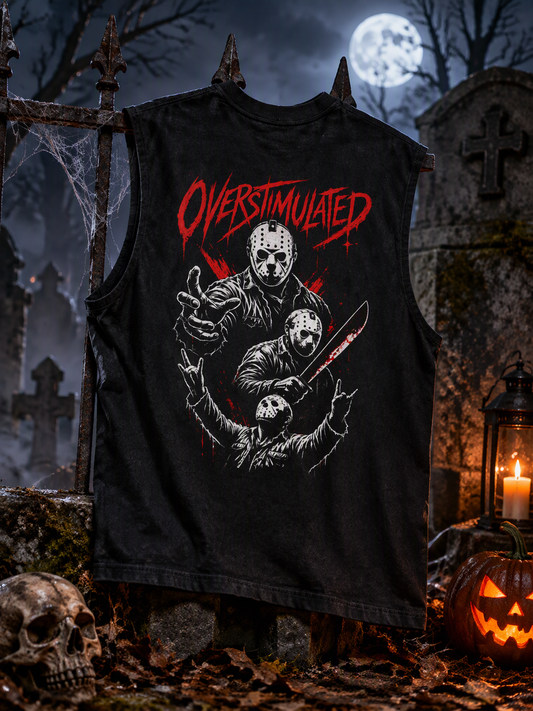 Overstimulated horror tank – back of the black tank with hockey-mask killers print in a Halloween scene, AI-generated mockup