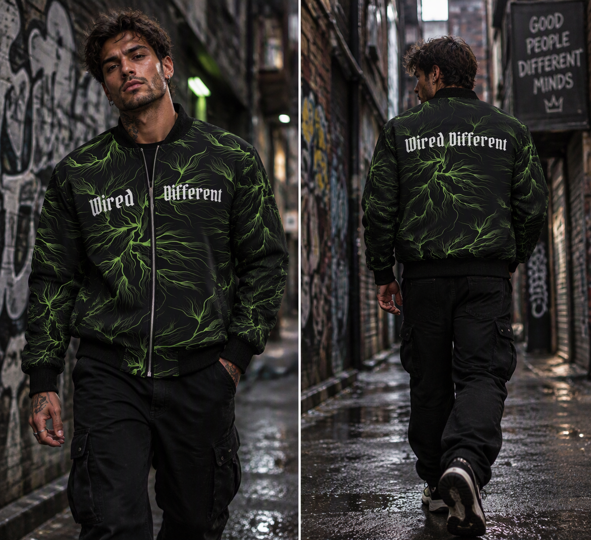 Wired Different bomber jacket – man wearing the bomber, walking, AI-generated mockup