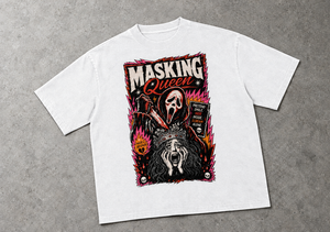 Masking Queen oversized tee – white tee with Masking Queen print, flat lay, AI-generated mockup