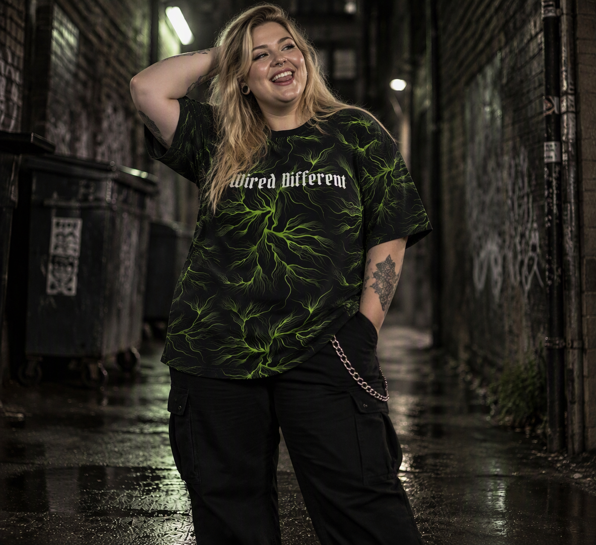 Wired Different women's oversized tee – woman wearing the tee, standing, AI-generated mockup