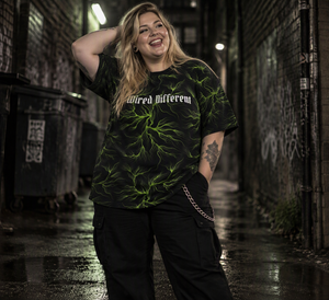 Wired Different women's oversized tee – woman wearing the tee, standing, AI-generated mockup