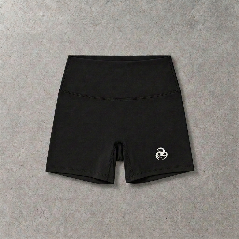 Oddens Core gym shorts – black high-waisted gym shorts, flat lay, AI-generated mockup