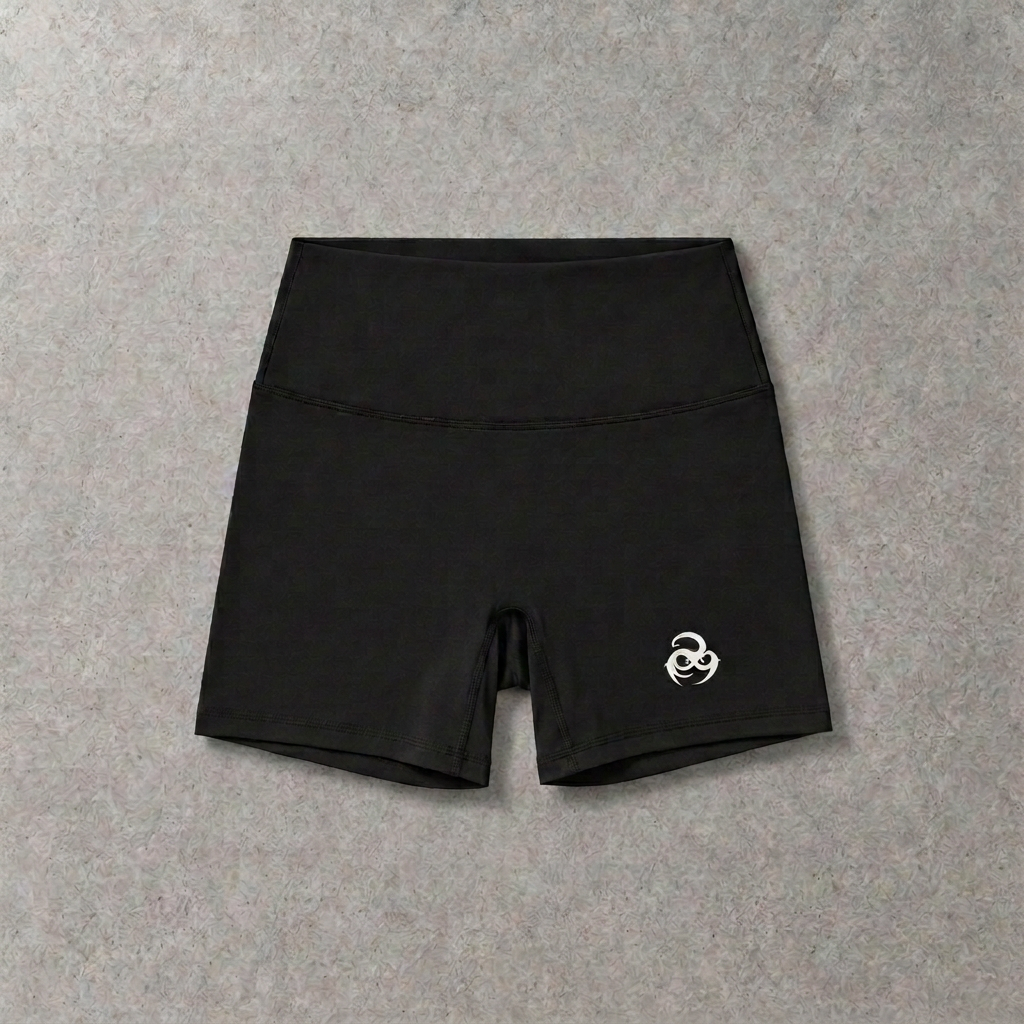 Oddens Core gym shorts – black high-waisted gym shorts, flat lay, AI-generated mockup