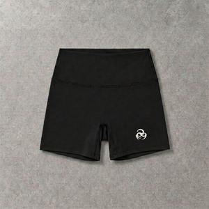 Oddens Core gym shorts – black high-waisted gym shorts, flat lay, AI-generated mockup