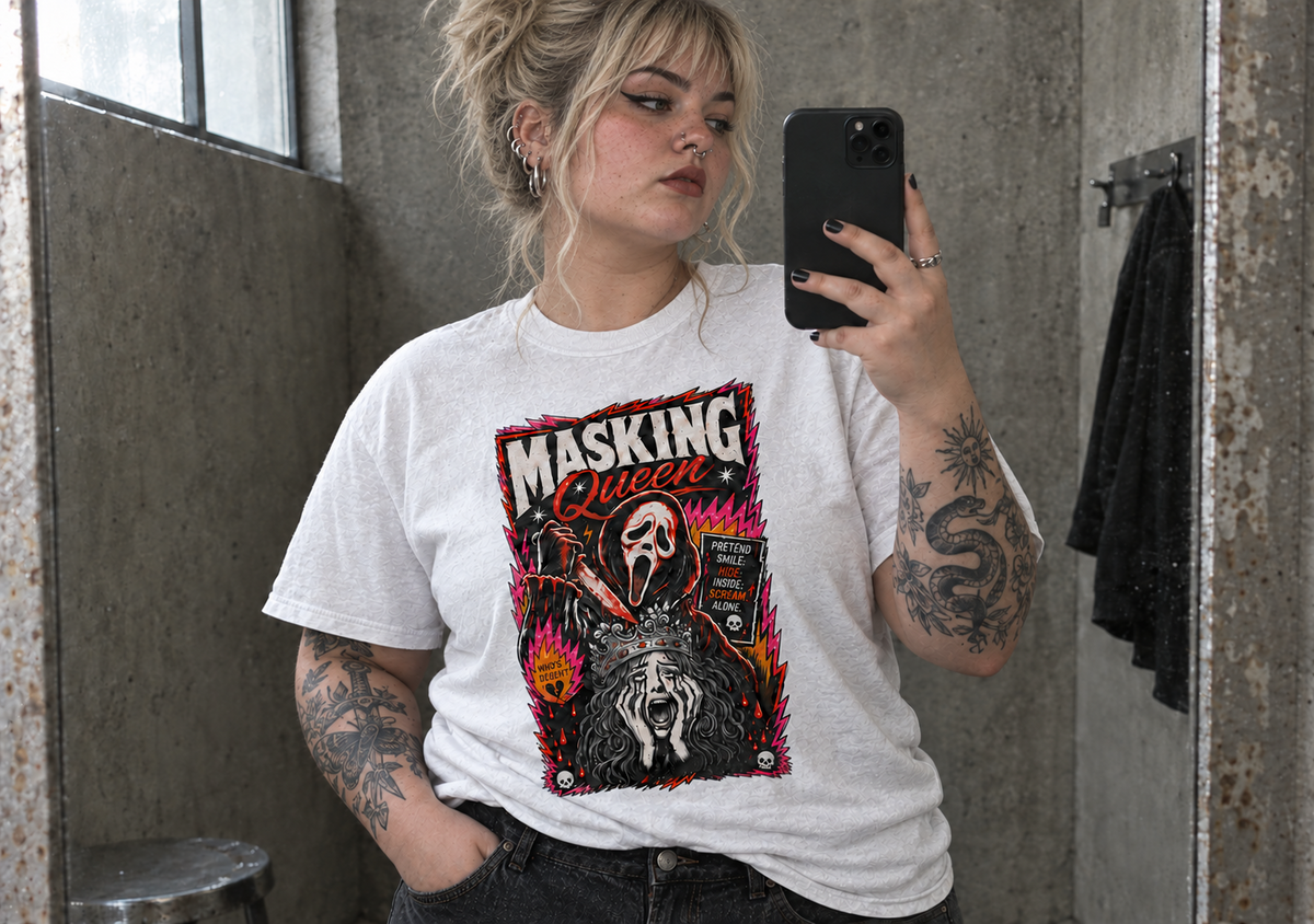 Masking Queen oversized tee – woman wearing the white tee, mirror selfie, AI-generated mockup
