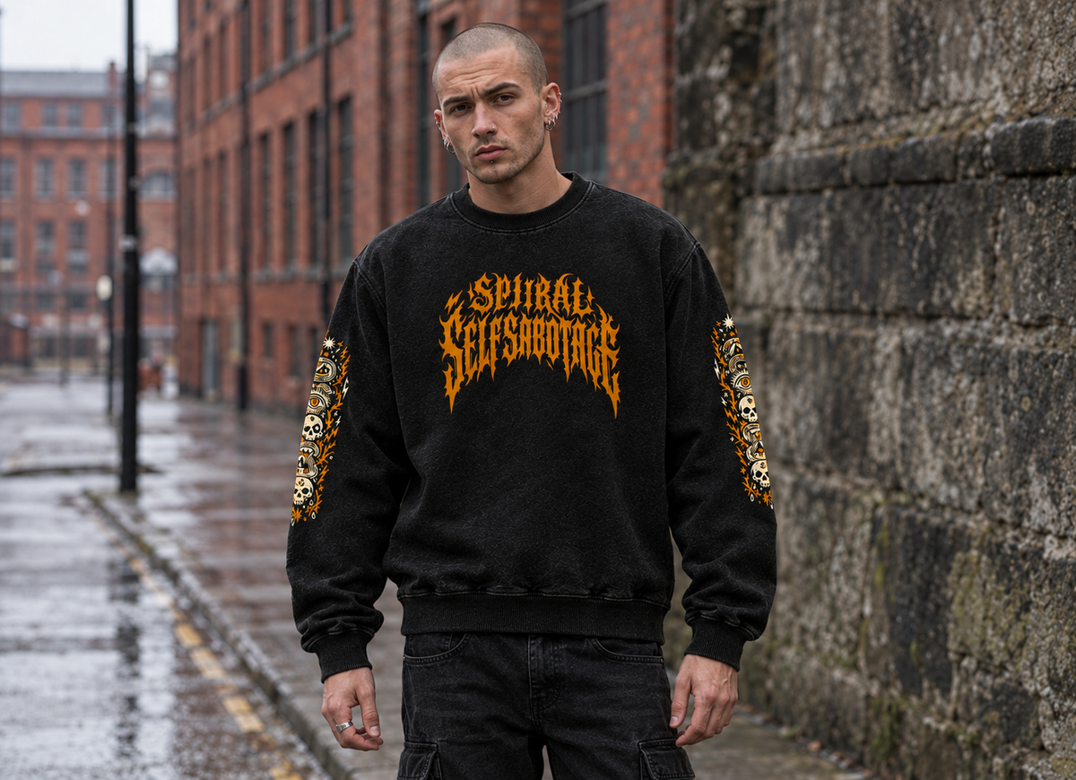 Spiral Self Sabotage long sleeve tee – man wearing the long sleeve, front view, AI-generated mockup