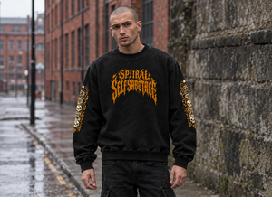 Spiral Self Sabotage long sleeve tee – man wearing the long sleeve, front view, AI-generated mockup