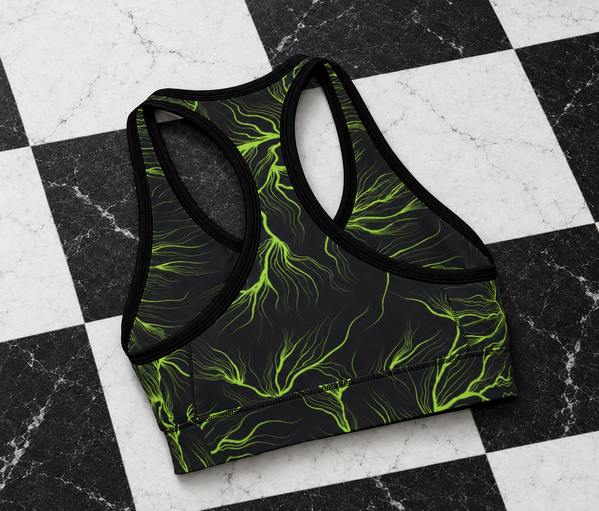Wired Different sports bra – back of the racerback sports bra, flat lay, AI-generated mockup