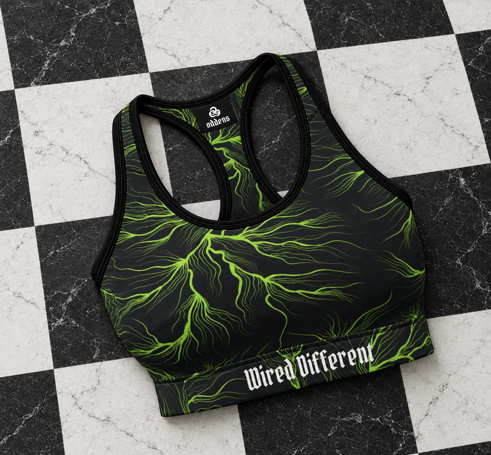 Wired Different sports bra – racerback sports bra with neon green lightning print, flat lay, AI-generated mockup