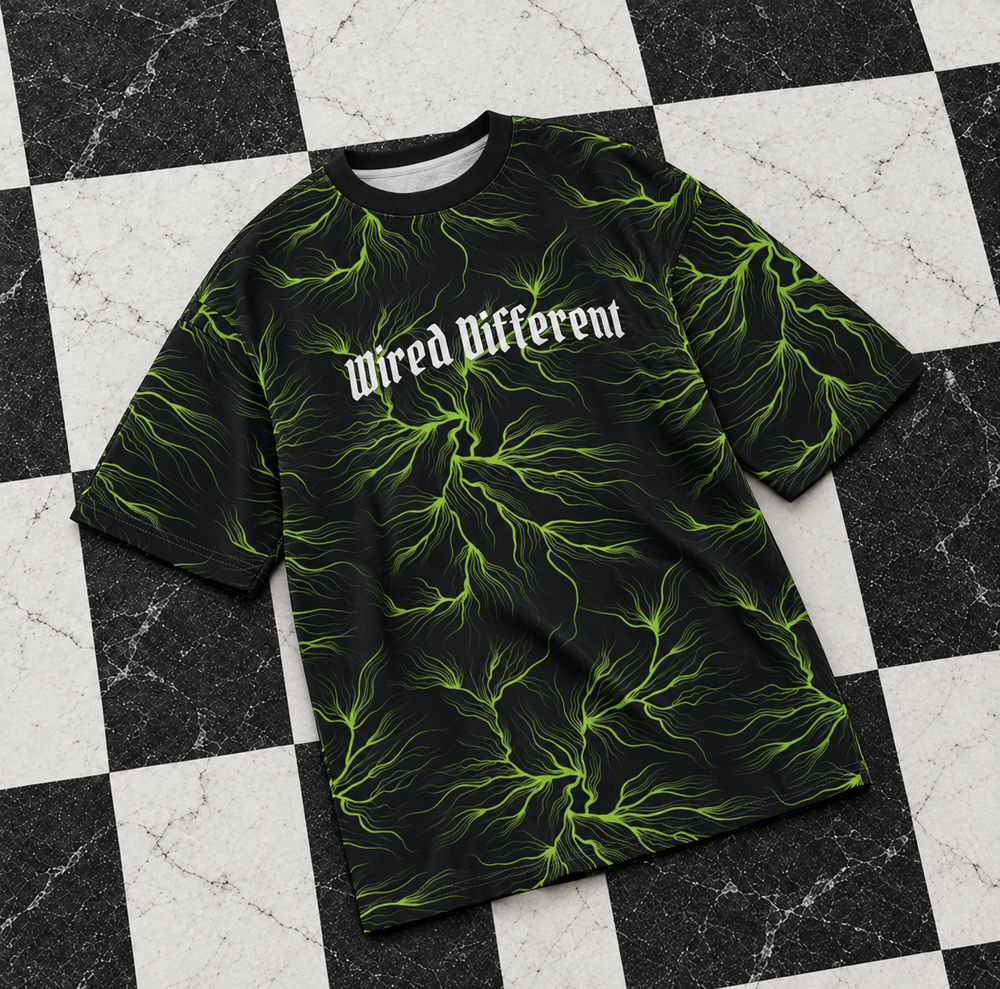 Wired Different men's oversized tee – oversized tee with neon green lightning print and Wired Different chest text, flat lay, AI-generated mockup