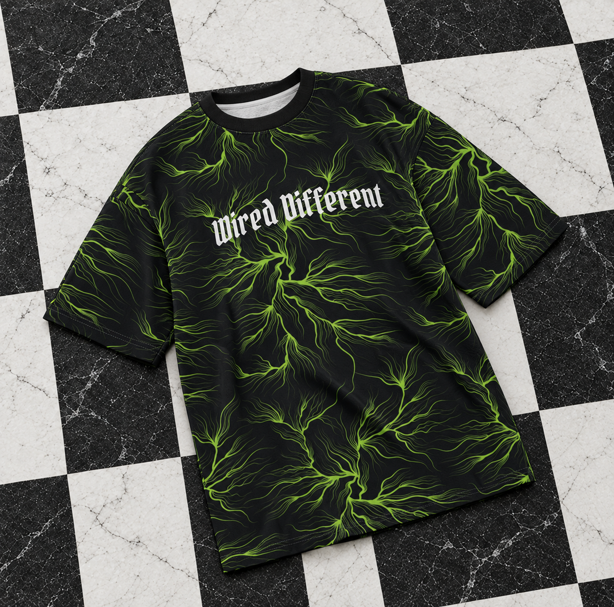 Wired Different men's oversized tee – oversized tee with neon green lightning print and Wired Different chest text, flat lay, AI-generated mockup