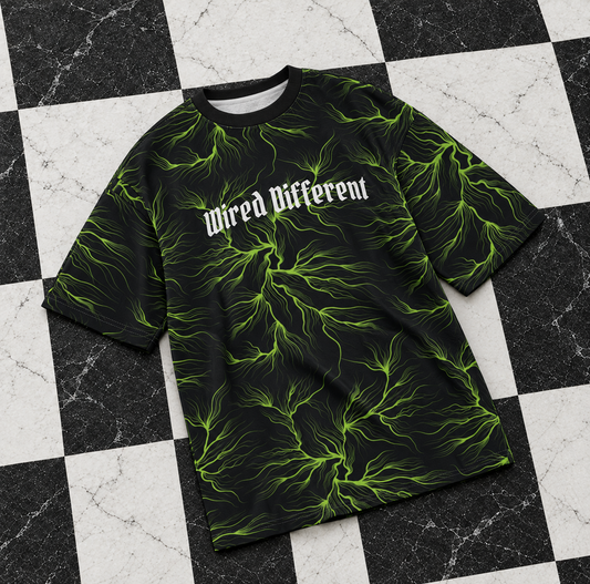 Wired Different men's oversized tee – oversized tee with neon green lightning print and Wired Different chest text, flat lay, AI-generated mockup