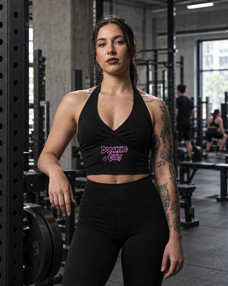 Dopamine Cult halter crop top – woman wearing the halter top with black leggings in a gym, AI-generated mockup