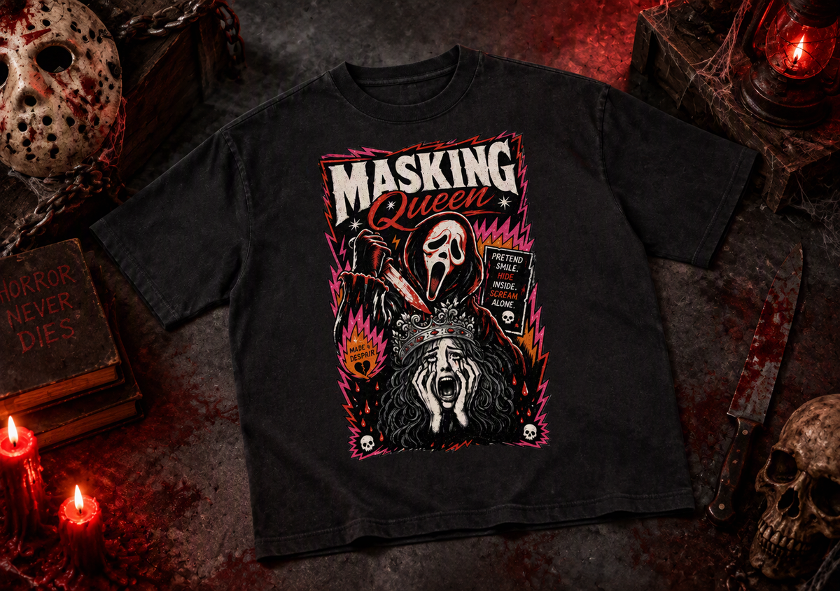 Masking Queen oversized tee – black tee with retro horror Masking Queen print, styled with Halloween props, AI-generated mockup