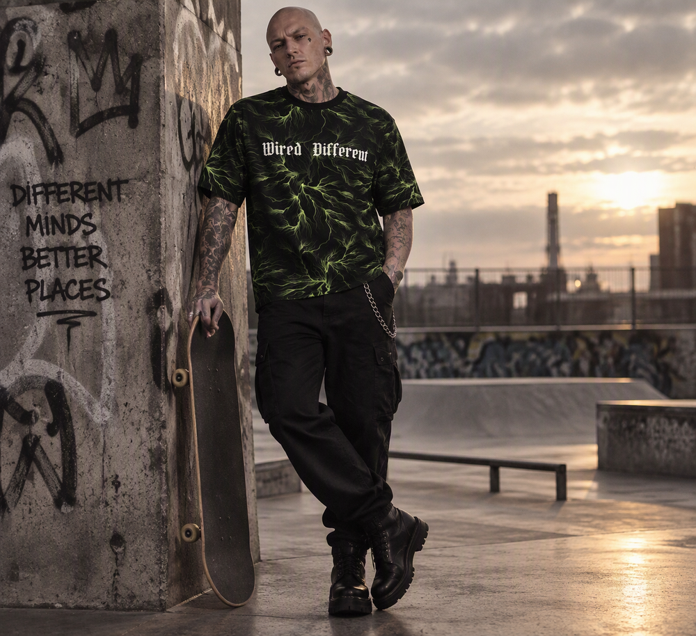Wired Different men's oversized tee – man wearing the tee on a city rooftop at sunset, AI-generated mockup