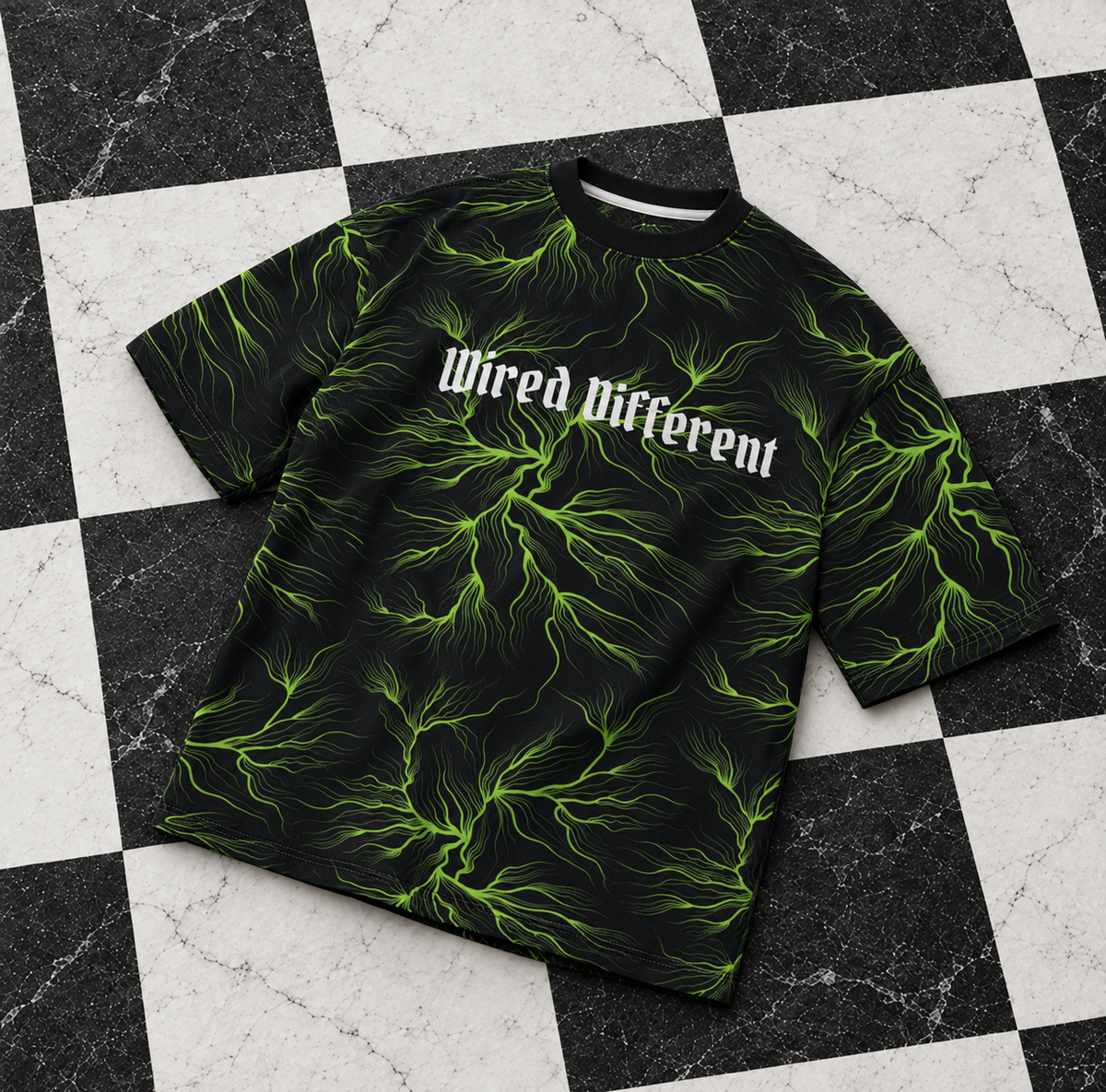 Wired Different women's oversized tee – oversized tee with neon green lightning print, flat lay, AI-generated mockup