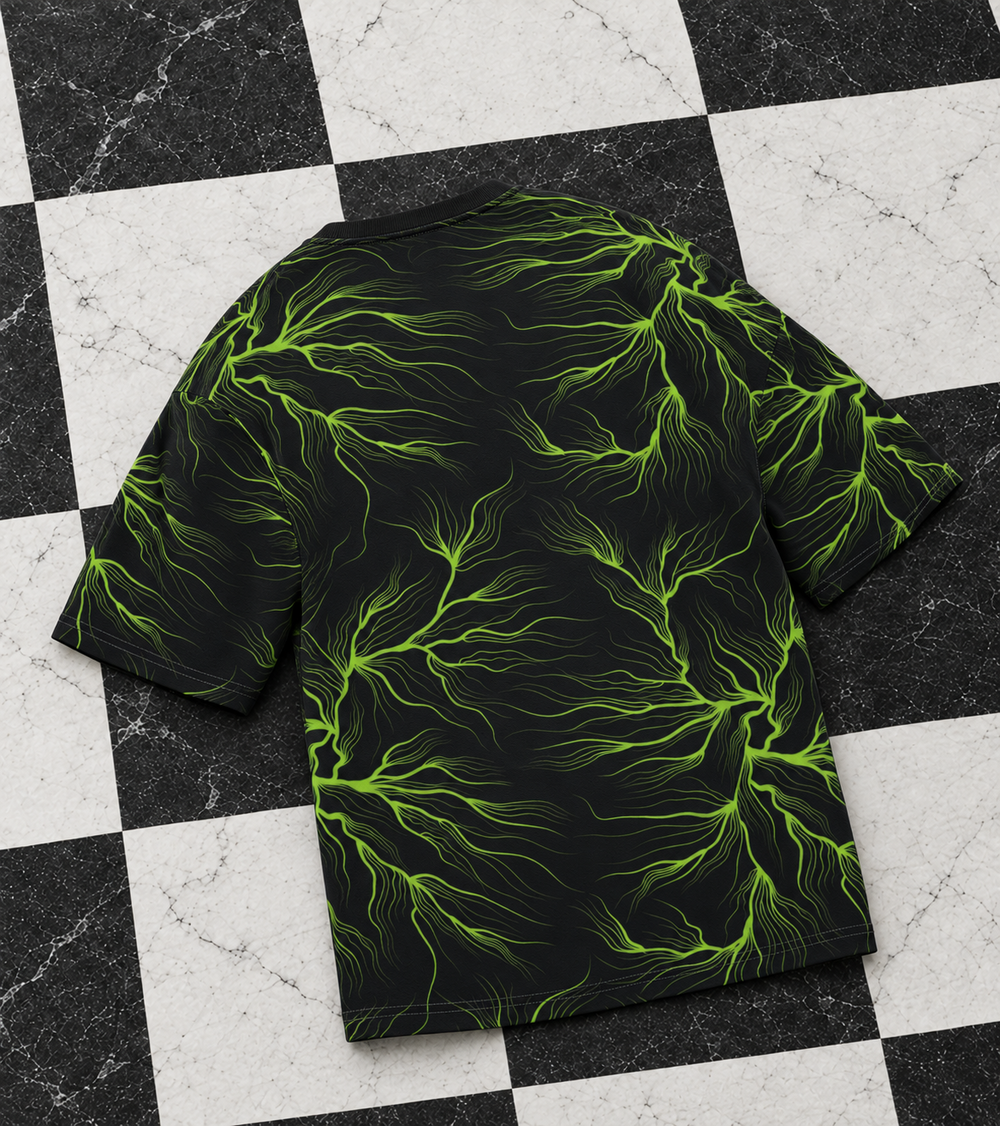Wired Different men's oversized tee – back of the lightning-print tee, flat lay, AI-generated mockup