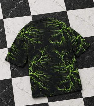 Wired Different men's oversized tee – back of the lightning-print tee, flat lay, AI-generated mockup