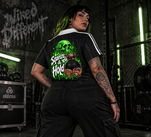 Squeeze & Hold cropped jersey – woman wearing the jersey in a gym, back view, AI-generated mockup