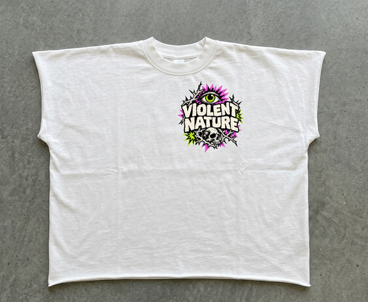 Violent Nature cropped cut-off muscle tee – white cut-off tee showing the large Violent Nature back print, flat lay, AI-generated mockup